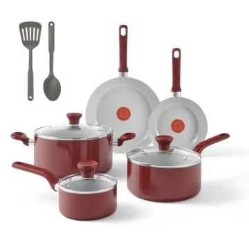 T-fal (RED) Ceramic 10 Piece Set, Red